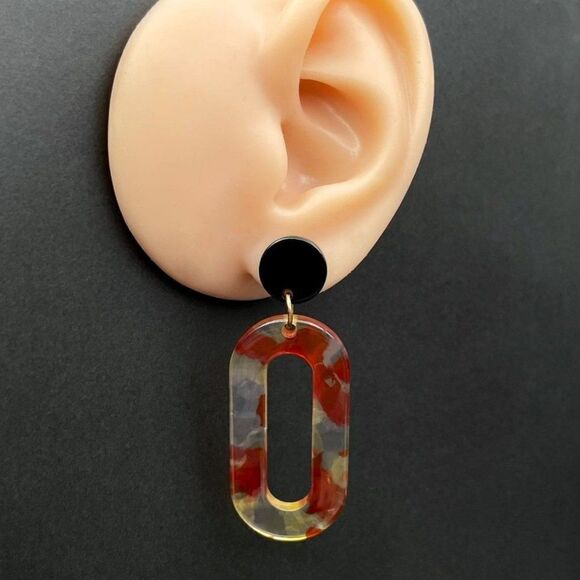 Black with Red and Yellow Marble Swirl Acrylic Open Oval Hoop Post Back Earrings - Picture 8 of 9
